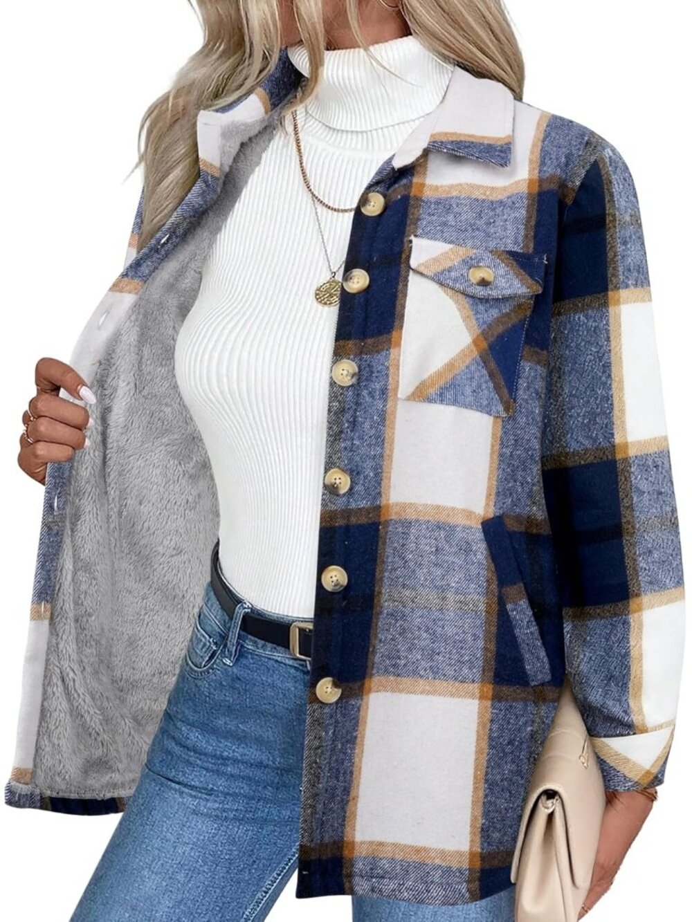 Women's Navy Sherpa Fleece Lined Winter Plaid Flannel Fashion Jacket With Pocket